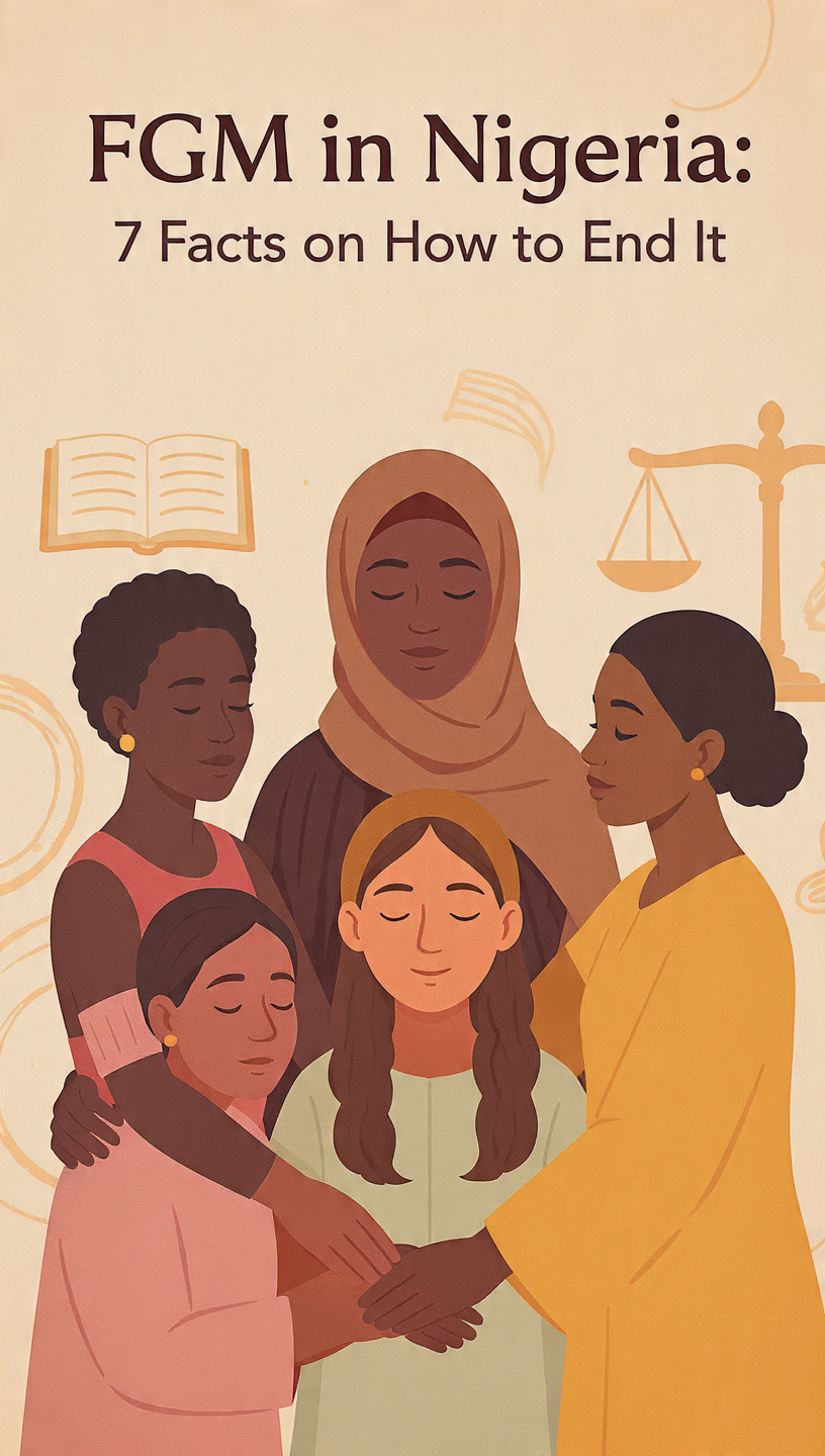 Illustration of diverse Nigerian women and one girl holding hands in a protective circle under the text "FGM in Nigeria: 7 Fact on How to End it"