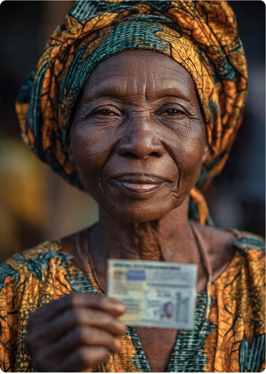 Close-up of a Nigerian woman's hands holding up her PVC at Eke Awka market, ready for the 2027 election