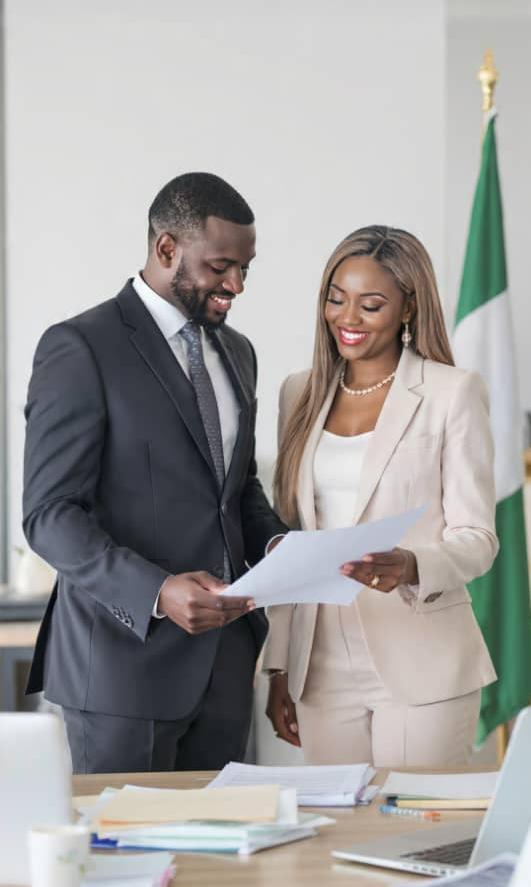 Nigerian man and woman collaborating in business, representing gender partnership and leadership in 2026