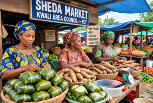 Women of Akpu Sellers Association at Sheda Market Kwali Area Council FCT selling cassava and akpu fufu